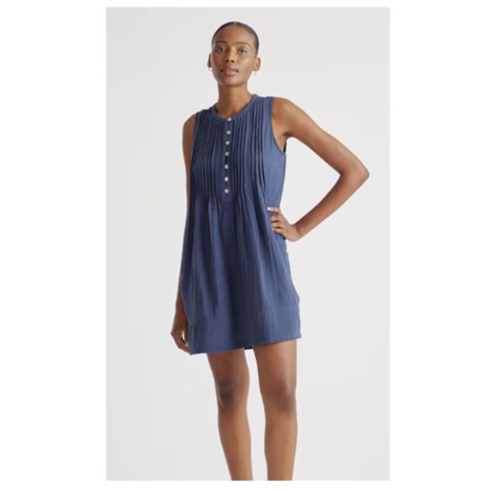 Quince 100% Organic Cotton Gauze Sleeveless Indigo Blue Navy Swing Dress Medium